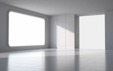 Boş oda ve boş duvar, 3D görüntüleme. Bilgisayar dijital çizimi.