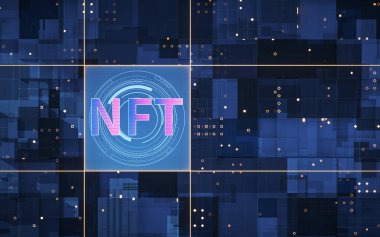 NFT finanse edilemez konsept ve devre, 3D görüntüleme. Bilgisayar dijital çizimi.