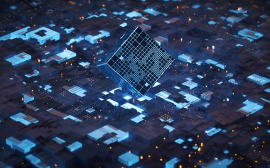 Devre ve malzemeler, bilim ve teknoloji, üç boyutlu görüntüleme. Bilgisayar dijital çizimi.