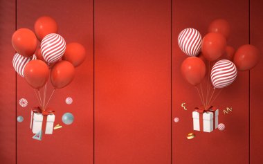 Balonlar ve hediyeler kırmızı arka planda, 3 boyutlu. Bilgisayar dijital çizimi.