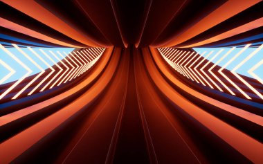 Neon ışıkları ve tüneller, 3D görüntüleme. Bilgisayar dijital çizimi.