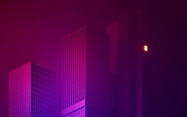 Gece şehir binası, modüler bina, üç boyutlu görüntüleme. Bilgisayar dijital çizimi.