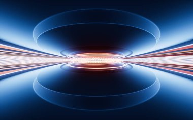 Neon ışıkları ve tüneller, 3D görüntüleme. Bilgisayar dijital çizimi.