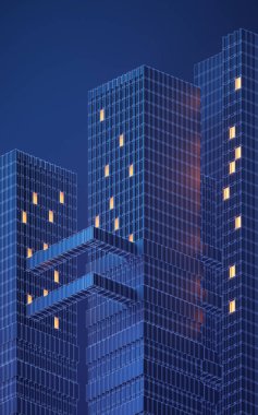 Gece şehir binası, modüler bina, üç boyutlu görüntüleme. Bilgisayar dijital çizimi.