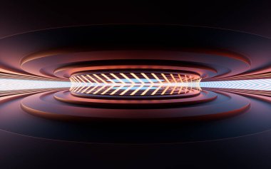 Neon ışıkları ve tüneller, 3D görüntüleme. Bilgisayar dijital çizimi.