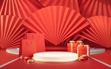 Çin tarzı arka planı olan boş sahne, 3 boyutlu görüntüleme. Bilgisayar dijital çizimi.