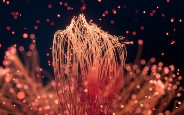 Parlak parçacıklar ve siyah arkaplanlı çizgiler, 3D görüntüleme. Bilgisayar dijital çizimi.