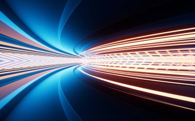 Neon ışıkları ve tüneller, 3D görüntüleme. Bilgisayar dijital çizimi.