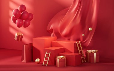 Kırmızı Çin tarzı arka planı olan boş sahne, 3 boyutlu görüntüleme. Bilgisayar dijital çizimi.