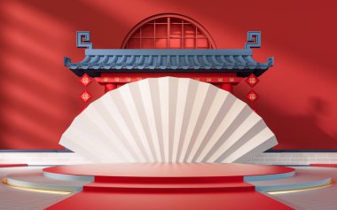 Çin tarzı geçmişi olan boş bir sahne çeviri kutsaması, 3D görüntüleme. Bilgisayar dijital çizimi.