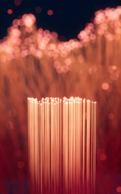 Parlak parçacıklar ve siyah arkaplanlı çizgiler, 3D görüntüleme. Bilgisayar dijital çizimi.