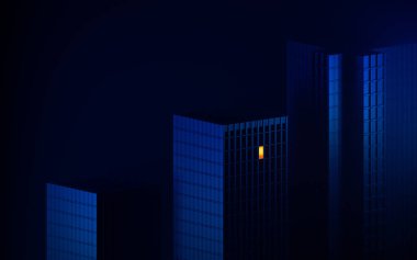 Gece şehir binası, modüler bina, üç boyutlu görüntüleme. Bilgisayar dijital çizimi.