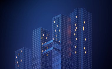 Gece şehir binası, modüler bina, üç boyutlu görüntüleme. Bilgisayar dijital çizimi.