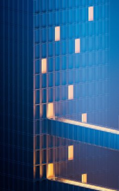 Gece şehir binası, modüler bina, üç boyutlu görüntüleme. Bilgisayar dijital çizimi.