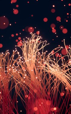 Parlak parçacıklar ve siyah arkaplanlı çizgiler, 3D görüntüleme. Bilgisayar dijital çizimi.