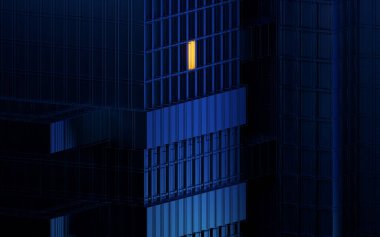 Gece şehir binası, modüler bina, üç boyutlu görüntüleme. Bilgisayar dijital çizimi.
