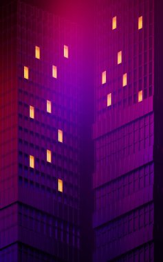 Gece şehir binası, modüler bina, üç boyutlu görüntüleme. Bilgisayar dijital çizimi.