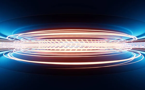 Neon ışıkları ve tüneller, 3D görüntüleme. Bilgisayar dijital çizimi.