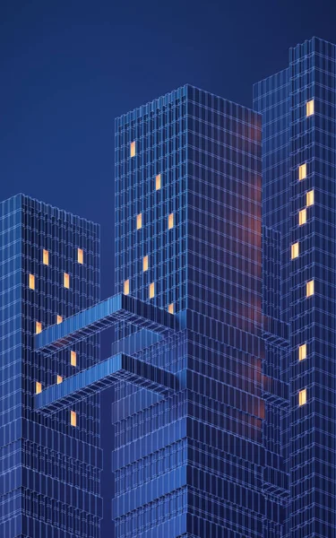 Gece şehir binası, modüler bina, üç boyutlu görüntüleme. Bilgisayar dijital çizimi.