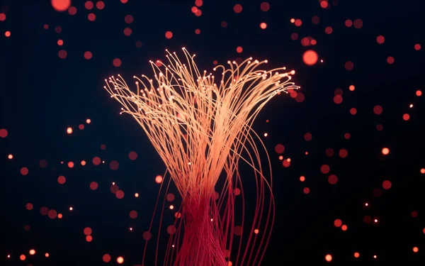 Parlak parçacıklar ve siyah arkaplanlı çizgiler, 3D görüntüleme. Bilgisayar dijital çizimi.