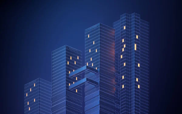 Gece şehir binası, modüler bina, üç boyutlu görüntüleme. Bilgisayar dijital çizimi.