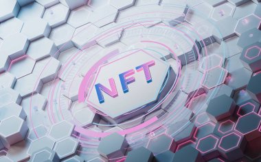 NFT konsepti, 3D canlandırma. Bilgisayar dijital çizimi.