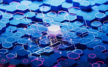 Altıgen bilimsel ve teknolojik materyaller, 3 boyutlu. Bilgisayar dijital çizimi.