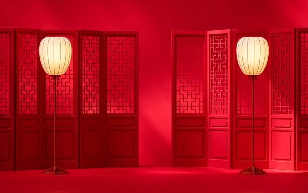 Chinese Screen Lamp Red Background Rendering Computer Digital Drawing — kuvapankkivalokuva