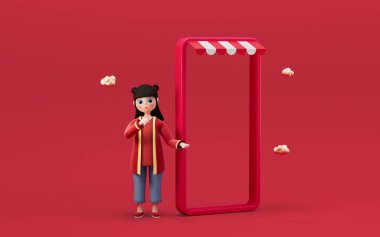 Çinli bir kız ve telefon, kırmızı arka planda, 3D görüntülü. Bilgisayar dijital çizimi.