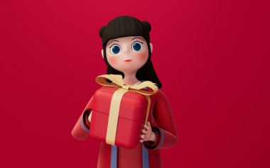 Çinli bir kız ve kırmızı arkaplanlı hediyeler, üç boyutlu. Bilgisayar dijital çizimi.