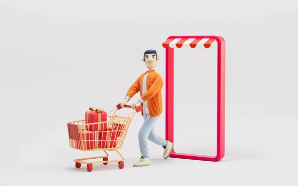 Ein Mann Schob Einen Einkaufswagen Online Shopping Rendering Digitale Computerzeichnung — Stockfoto