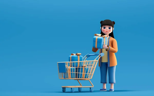 Ein Chinesisches Mädchen Und Geschenke Mit Blauem Hintergrund Darstellung Digitale — Stockfoto