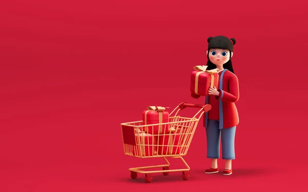 Ein Chinesisches Mädchen Und Geschenke Mit Rotem Hintergrund Darstellung Digitale — Stockfoto