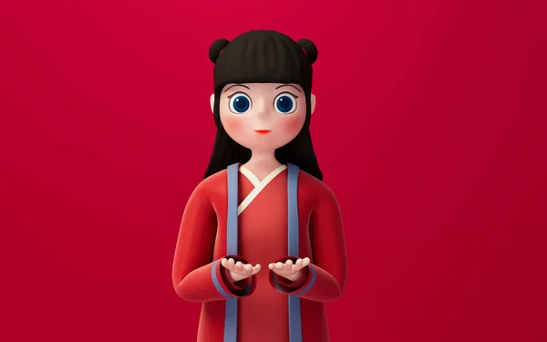 A Chinese girl with red background, cartoon character, 3d rendering. Computer digital drawing.