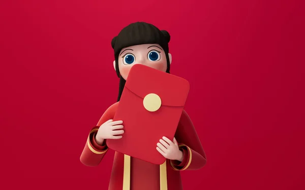 赤い背景の赤いパッケージを持っている女の子 3Dレンダリング コンピュータ デジタル ドローイング — ストック写真