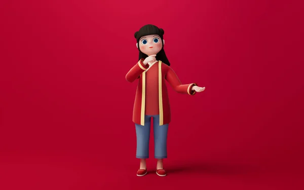 A Chinese girl with red background, cartoon character, 3d rendering. Computer digital drawing.