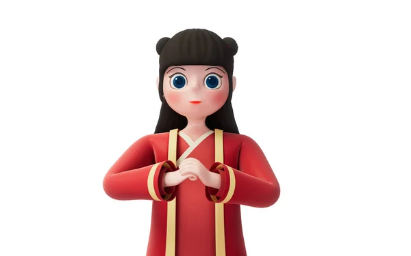 白い背景 漫画のキャラクター 3Dレンダリングを持つ中国の女の子 コンピュータ デジタル ドローイング — ストック写真