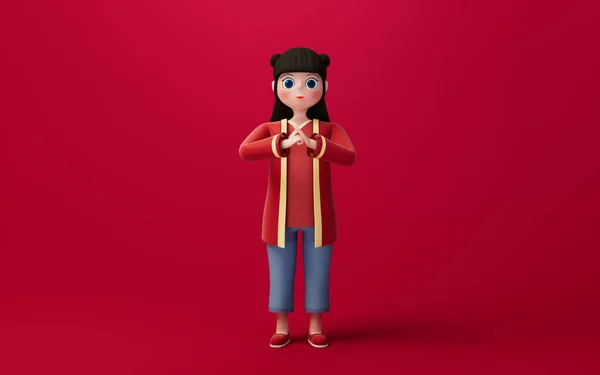 一个有红色背景的中国女孩卡通人物3D渲染计算机数字绘图 — 图库照片
