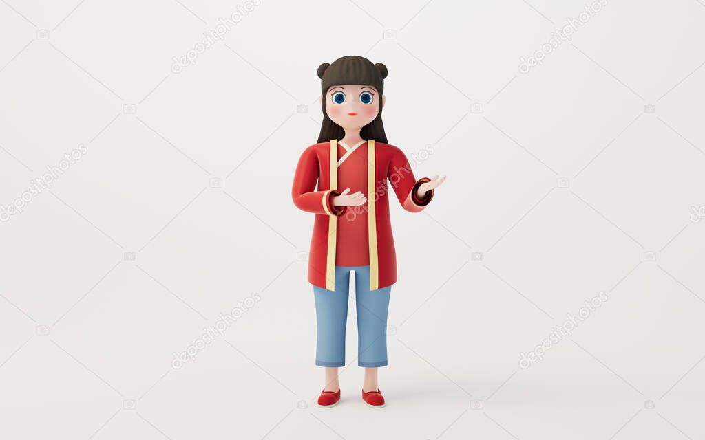 A Chinese girl with white background, cartoon character, 3d rendering. Computer digital drawing.