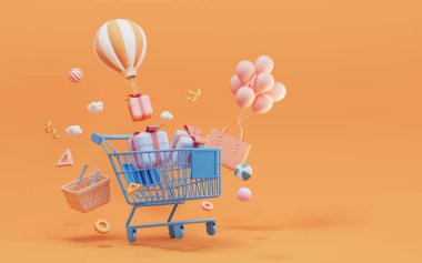 Alışveriş, hediyeler, alışveriş teması, 3D görüntüleme. Bilgisayar dijital çizimi.