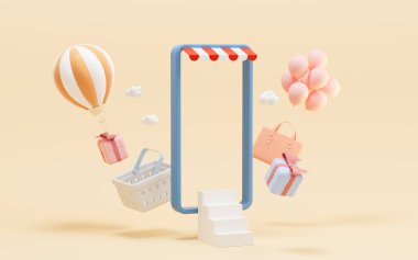 Cep telefonu ve alışveriş sepeti, online alışveriş, 3D görüntüleme. Bilgisayar dijital çizimi.