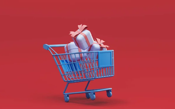 Warenkorb Und Geschenke Shopping Thema Rendering Digitale Computerzeichnung — Stockfoto