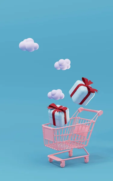 Warenkorb Und Geschenke Shopping Thema Rendering Digitale Computerzeichnung — Stockfoto