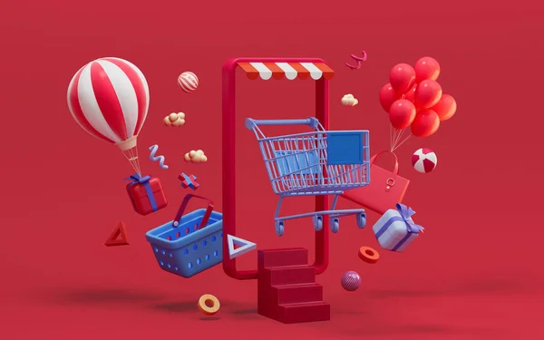 Ein Handy Und Ein Warenkorb Online Shopping Rendering Digitale Computerzeichnung — Stockfoto