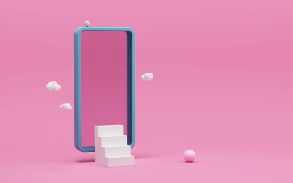 ピンクの背景を持つ携帯電話や階段 3Dレンダリング コンピュータ デジタル ドローイング — ストック写真