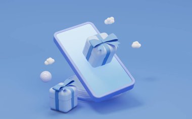 Cep telefonu ve mavi arka planlı hediyeler, üç boyutlu görüntüleme. Bilgisayar Sayısal Çizimi.