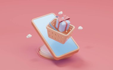Cep telefonu ve pembe arka planlı hediyeler, üç boyutlu görüntüleme. Bilgisayar dijital çizimi.