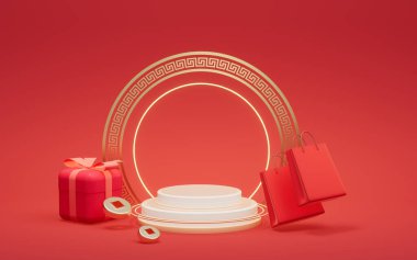 Çin tarzı arka planı olan boş sahne, 3 boyutlu görüntüleme. Bilgisayar dijital çizimi.