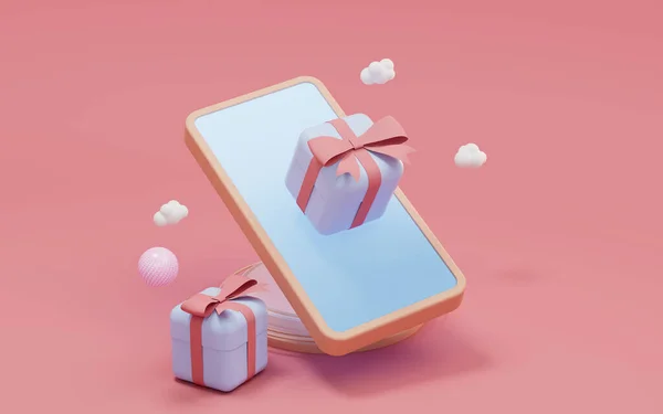 ピンクの背景 3Dレンダリングと携帯電話やギフト コンピュータ デジタル ドローイング — ストック写真