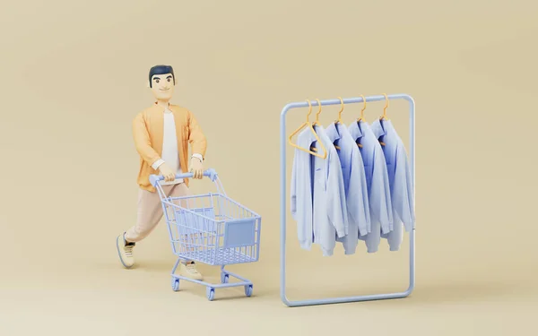 男が空のショッピングカートを押して服を買い 3Dレンダリングします コンピュータ デジタル ドローイング — ストック写真